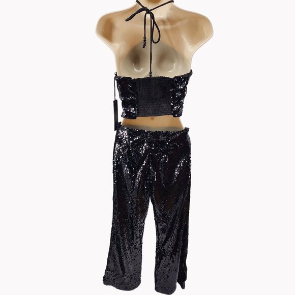 House of Harlow 1960 Women’s XS Black Sequin 2 Pc Halter Crop Top Pants Set New - Picture 6 of 14